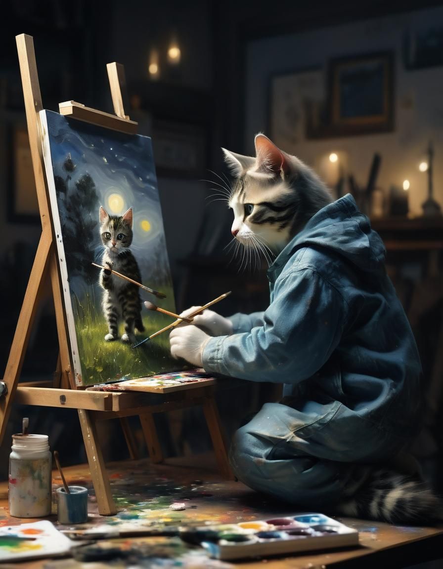 Humanoid Kitten Painting at Night