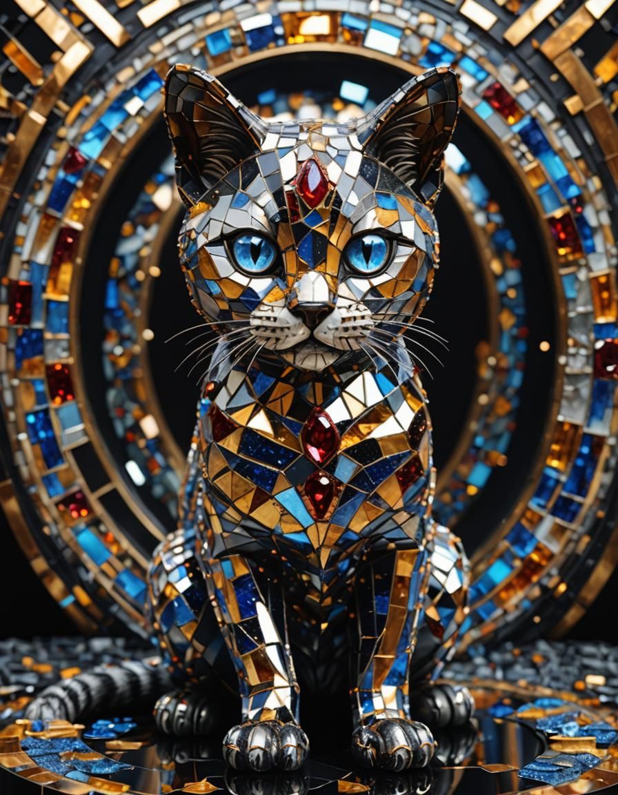 Detailed Cat Sculpture with Mirrored Mosaic