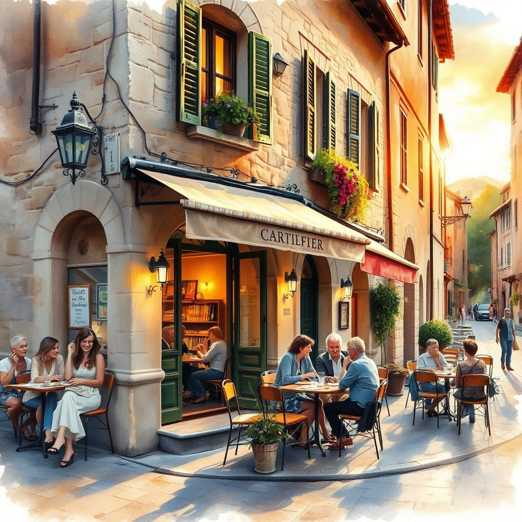 Tuscan Village Café at Sunset in Watercolour Style