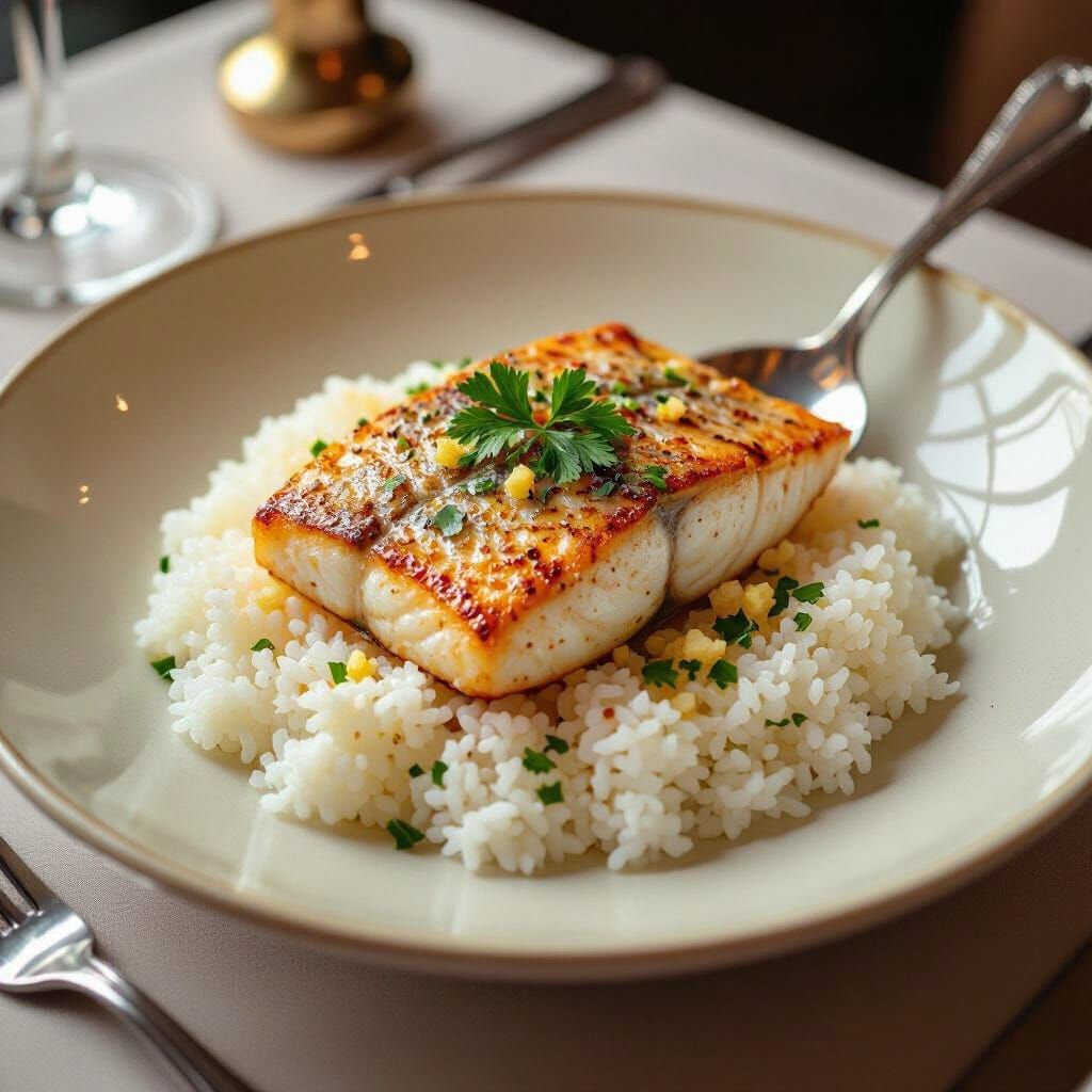 Hyperrealistic Grilled Fish and Rice on Porcelain Plate