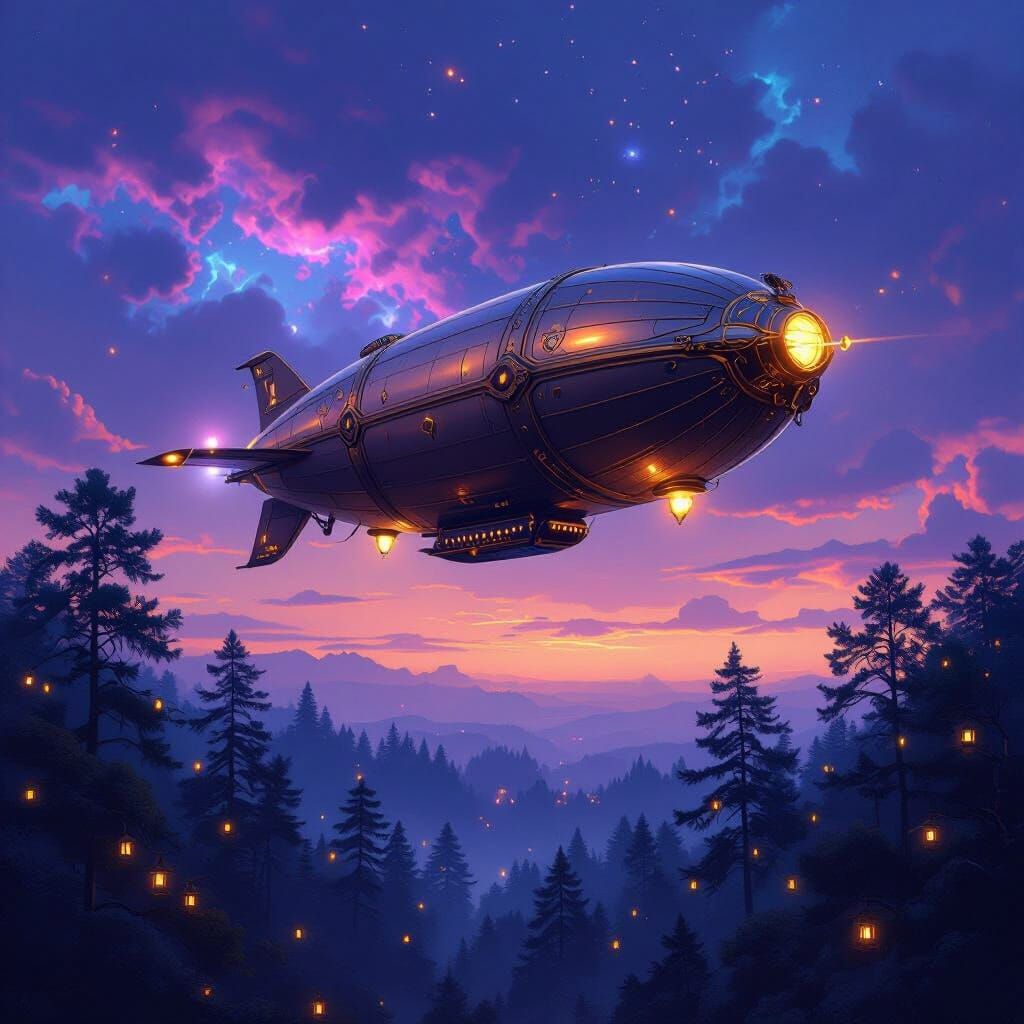 Art Deco Airship Drifting Through Nebula Sky