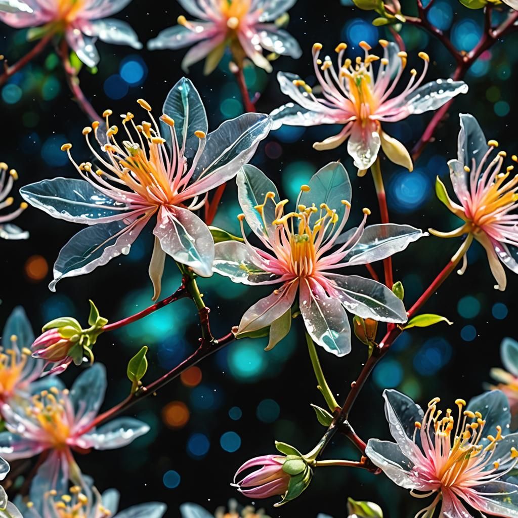 Bioluminescent Honeysuckle Blossom in Glass Art Style