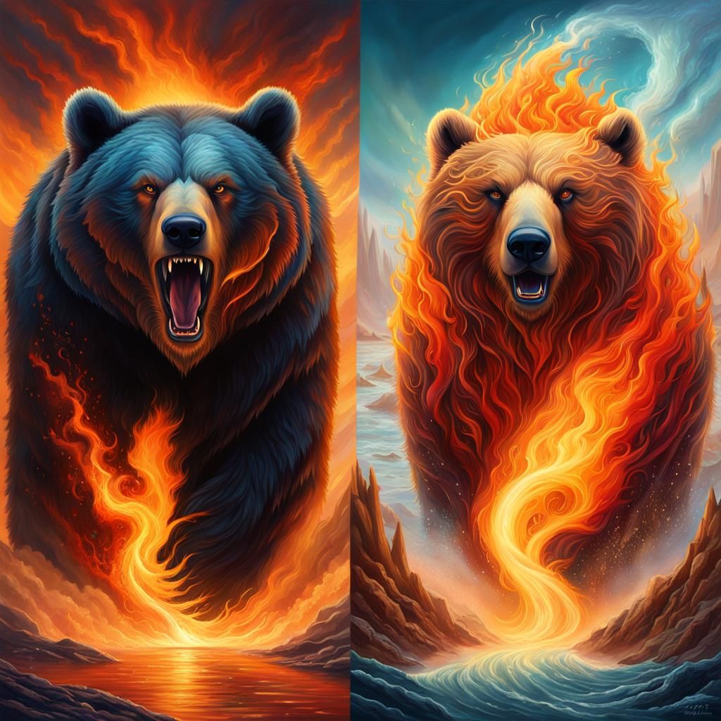 Elemental Grizzly Bears in Mirror Image