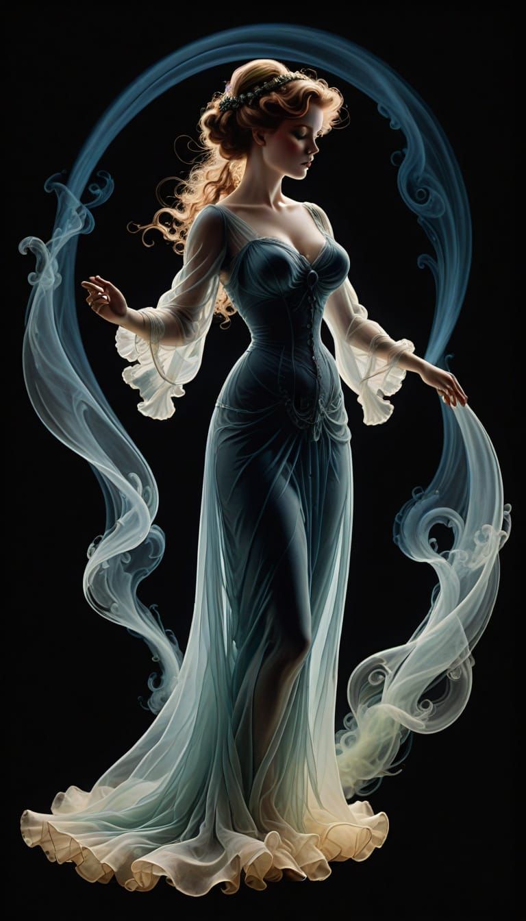 Ethereal Edwardian Beauty in Bioluminescent Smoke