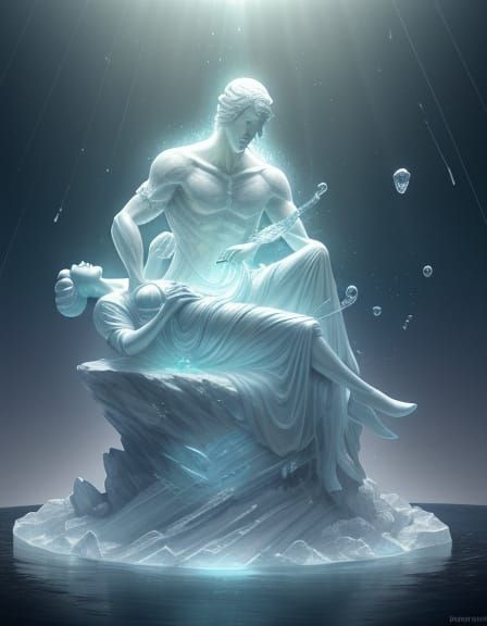 Surreal Statue of Woman Holding Rain on Man Untangling Time