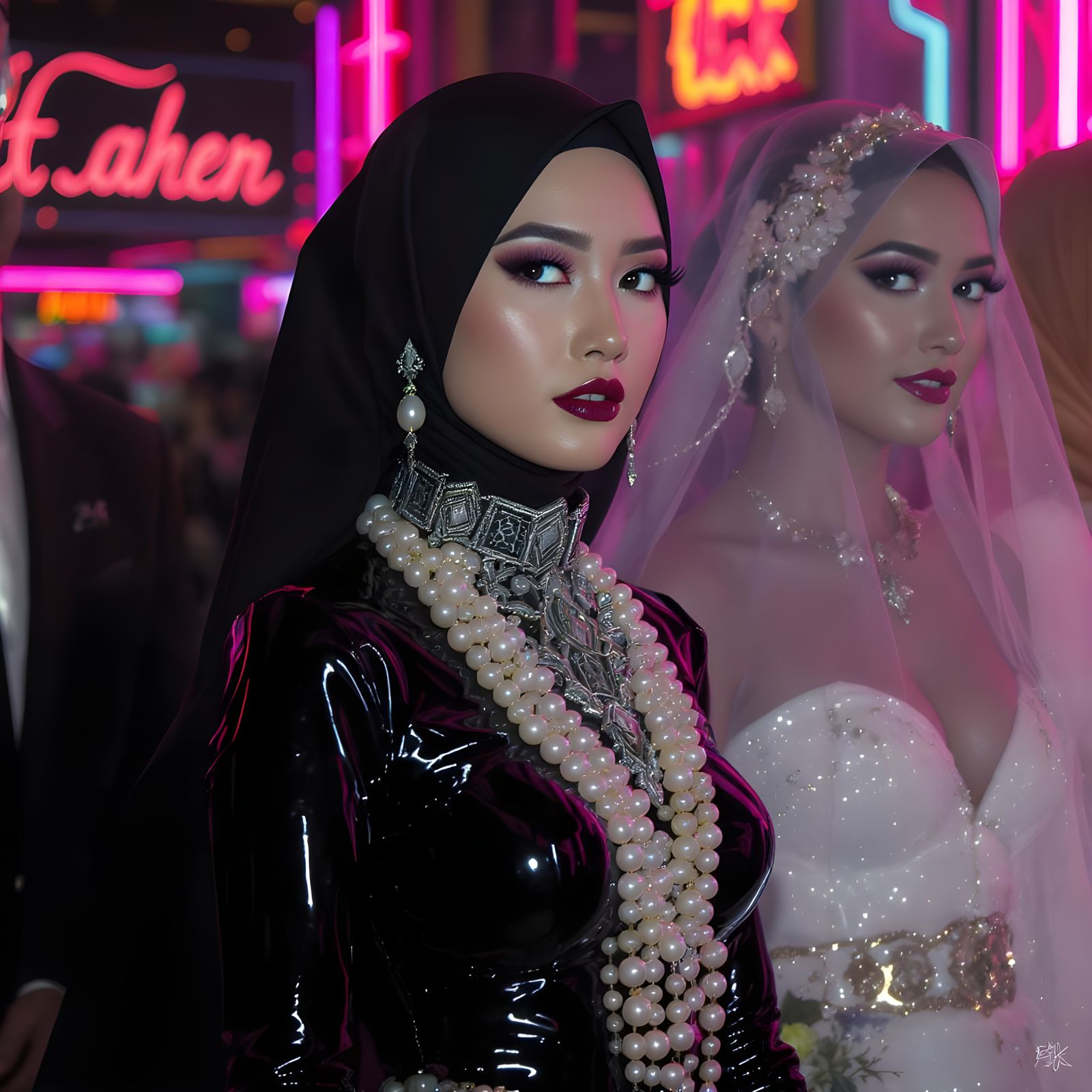 Futuristic Asian Woman in Hijab with Pearl Jewelry