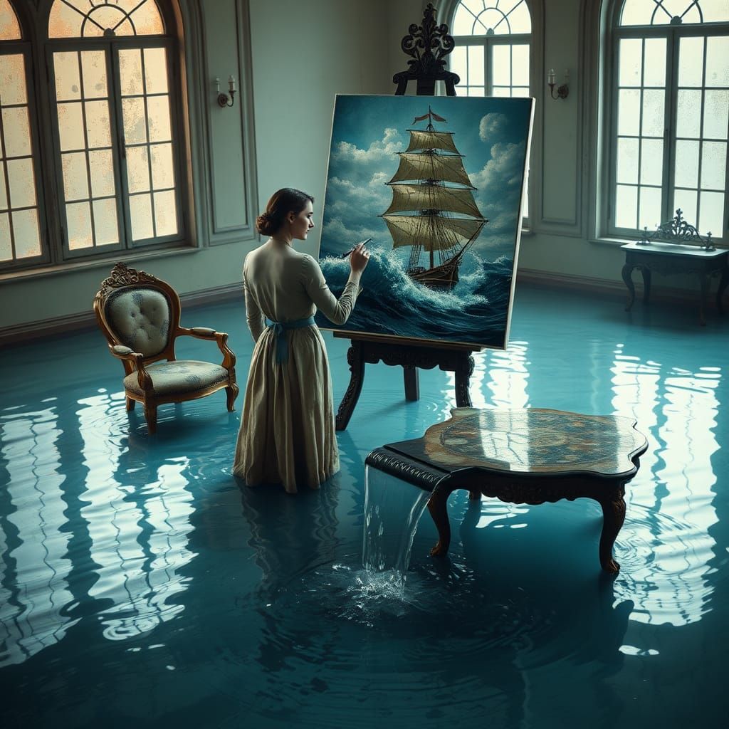 Flooded Room: Woman Painting a Stormy Sea