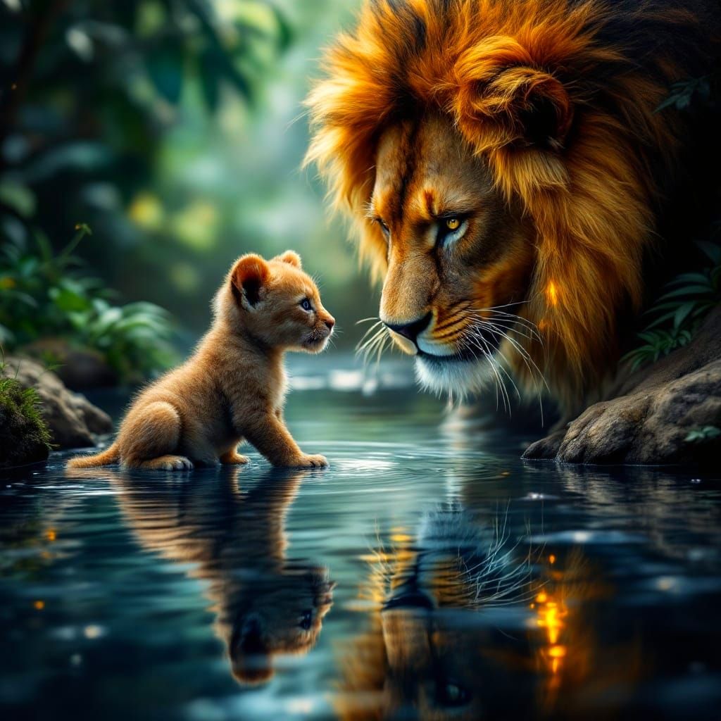 Courageous Lion Cub Sees Reflection of Majestic Pride