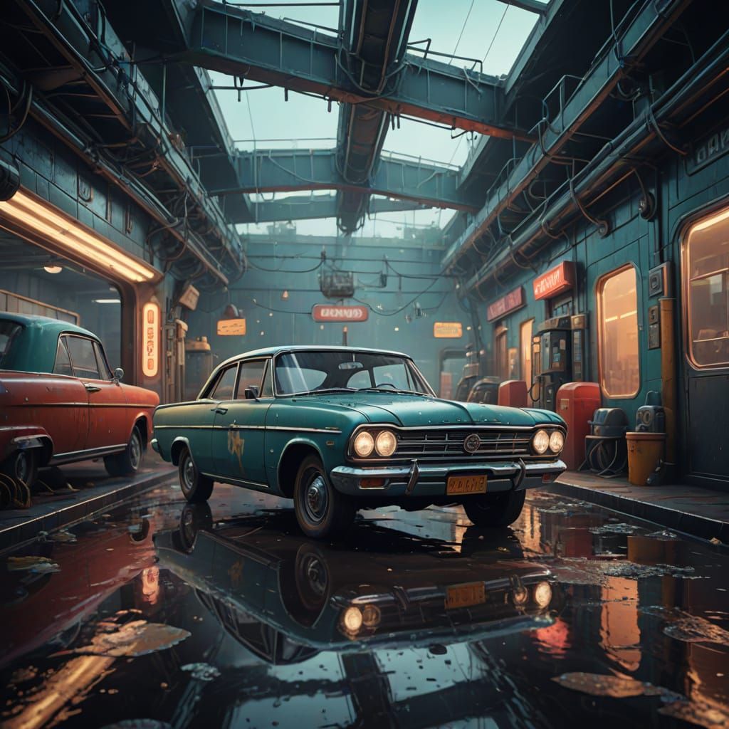 Retro Futuristic Carwash in Vibrant Hues