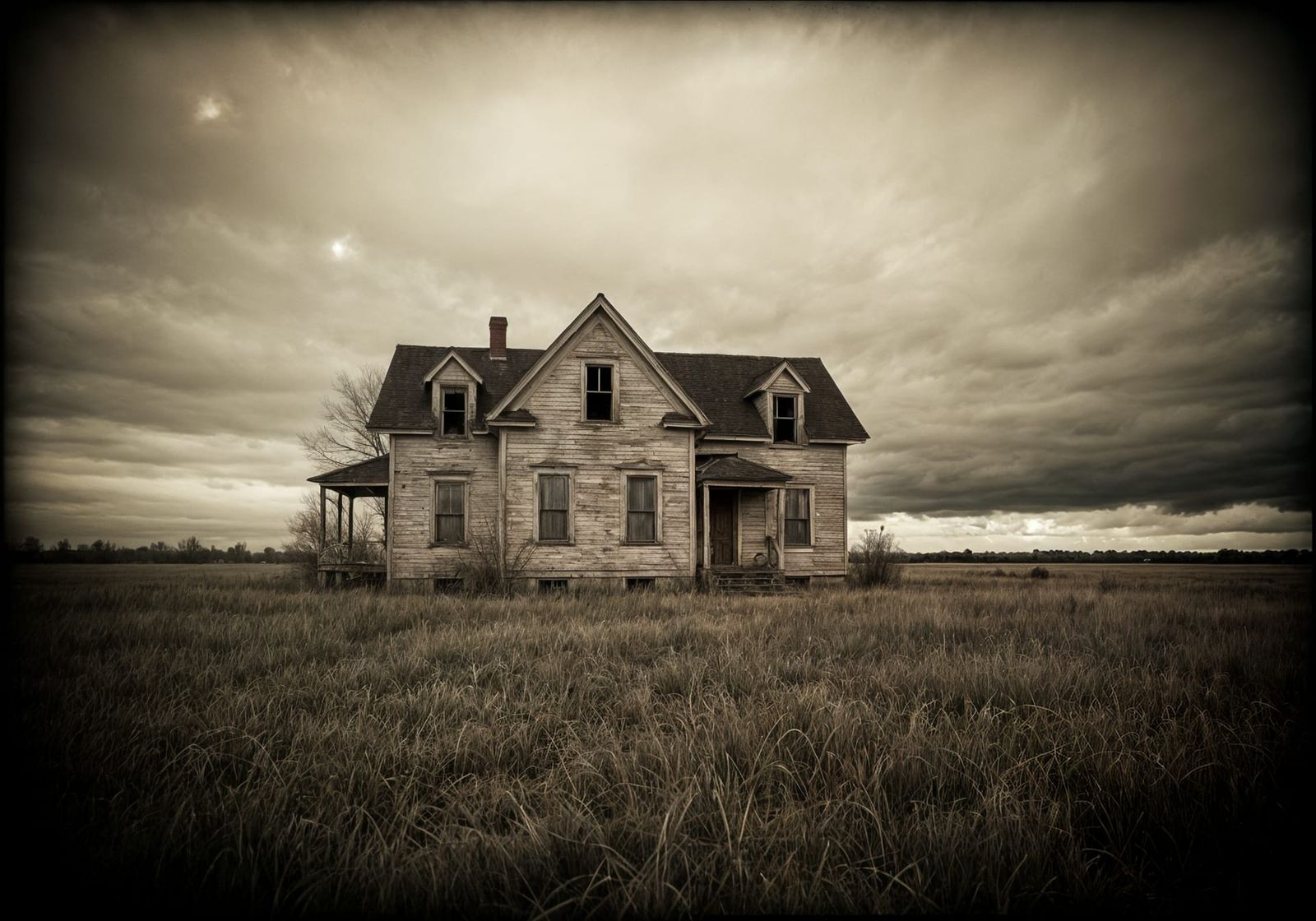 Abandoned House in Field: Vintage Sepia Photograph