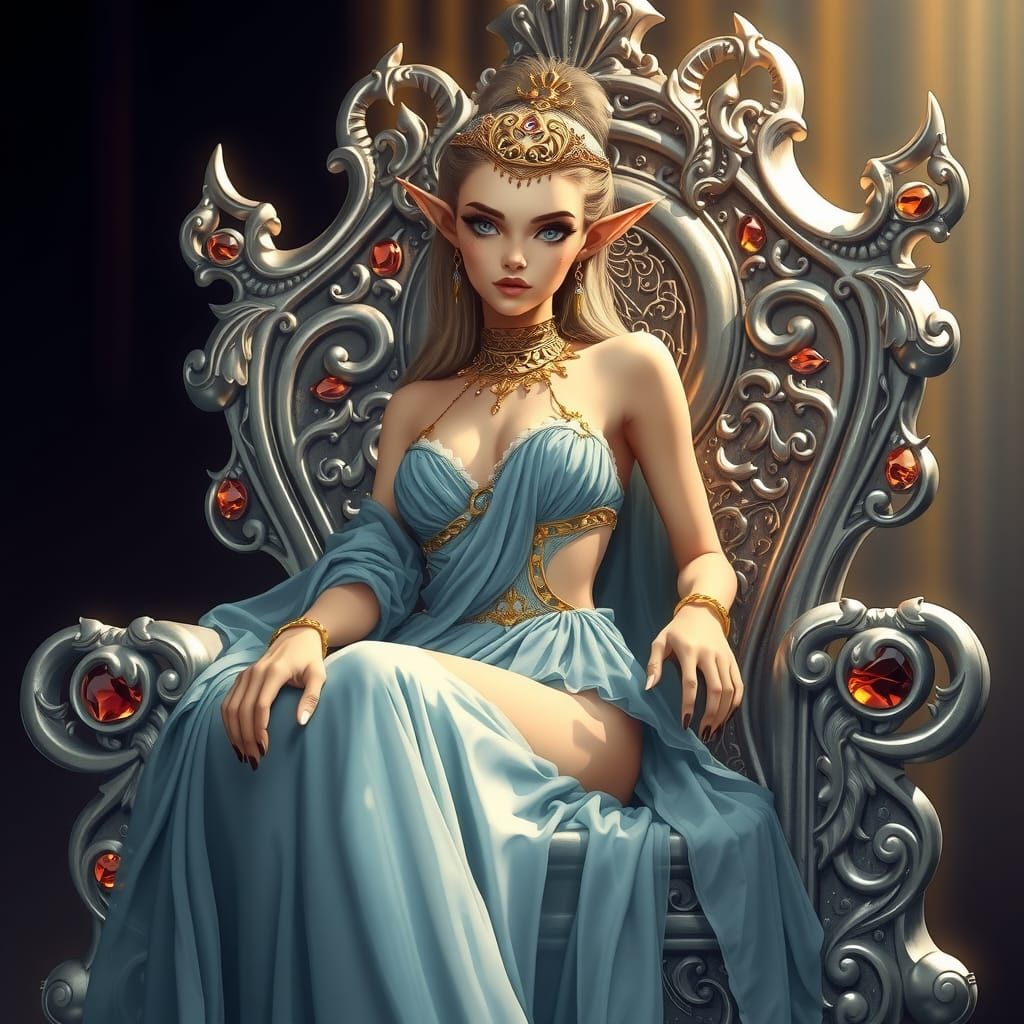 Beautiful elf princess wearing gold choker and gold chains a...