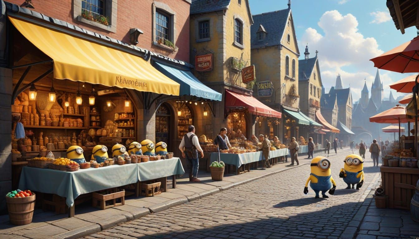 Medieval Marketplace with Mischievous Minion in Airbrush Sty...