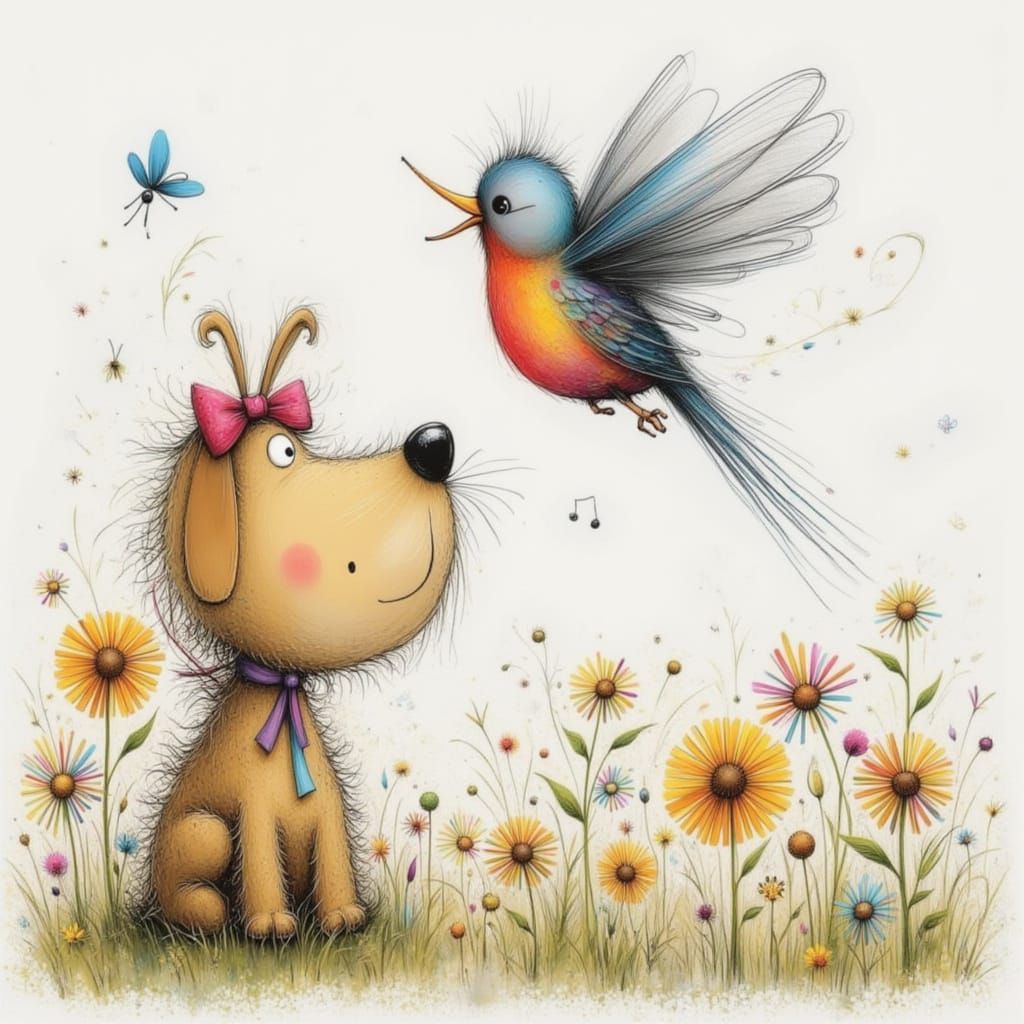 Dog Gazes Up at Bird in Pencil Drawing Style