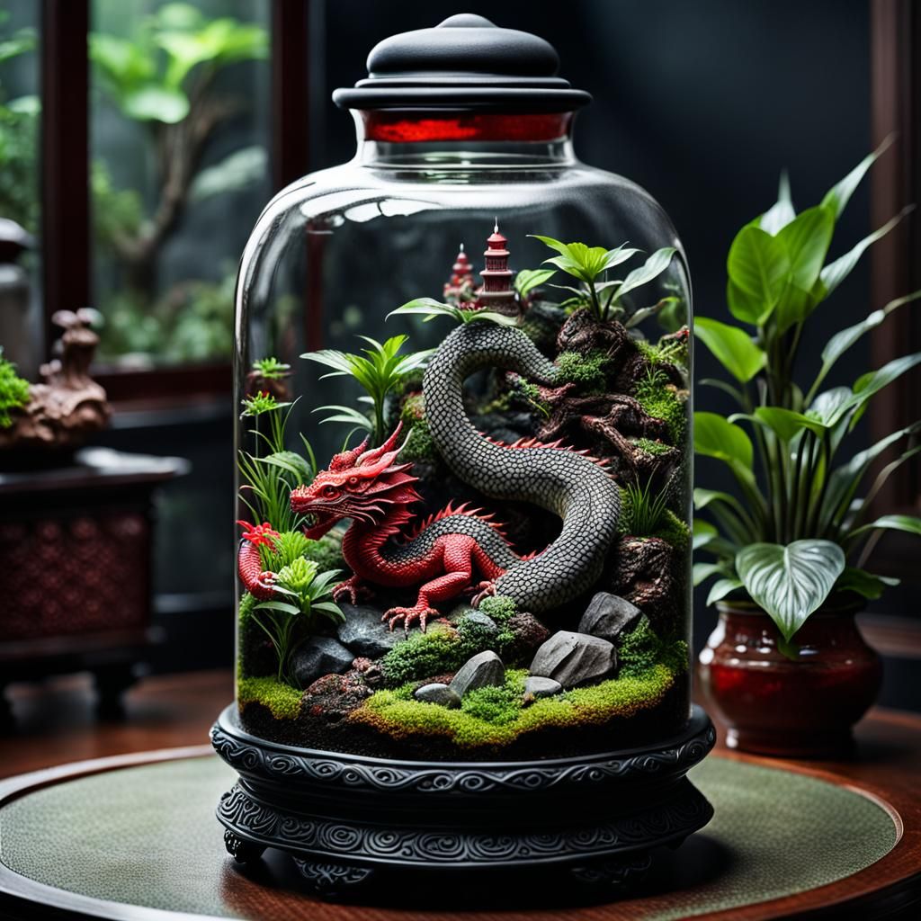 Lush Oriental Zen Terrarium with Red Dragon