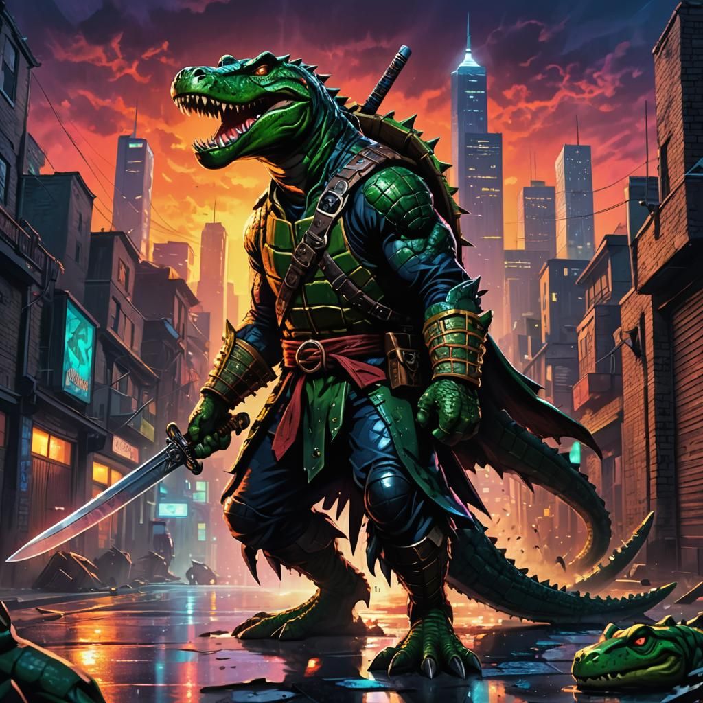 Mutant Ninja Crocodile Pirate in City Alleyway