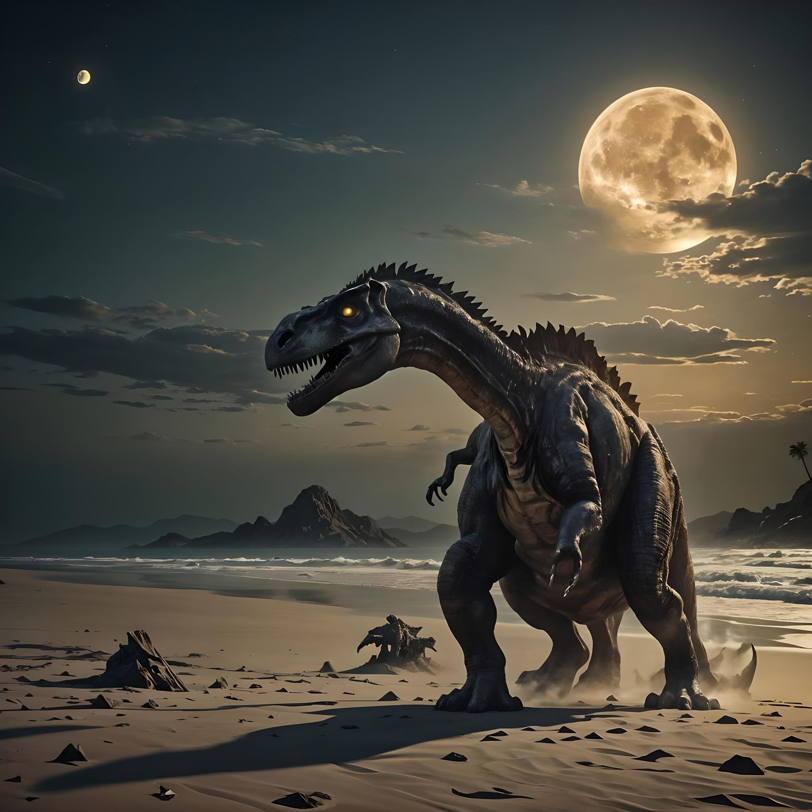 Gigantic Dinosaur on Moonlit Beach, Photorealistic Art