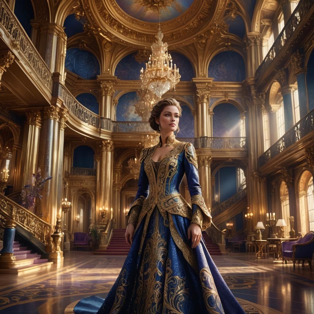 Ornate Queen in Golden Hall: Fantasy Concept Art