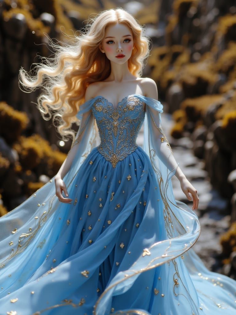 Porcelain Doll Princess in Blue Dress in Display Case