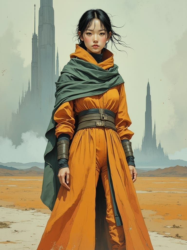 Young Korean Woman in Futuristic Landscape with Rocket Gantr...