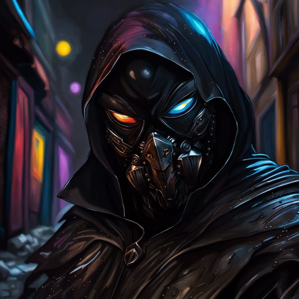 Intense Dark Hero in Alleyway with Mask and Cape