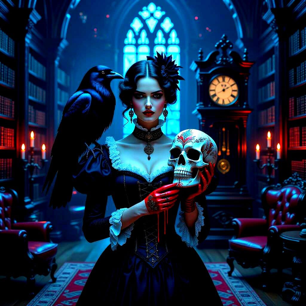 Gothic Figure in Surreal Library with Tribal Skull