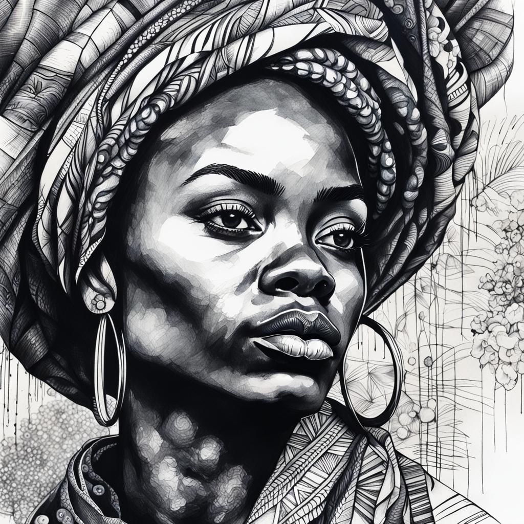 Maximalist Ink Portrait of Peaceful African Woman