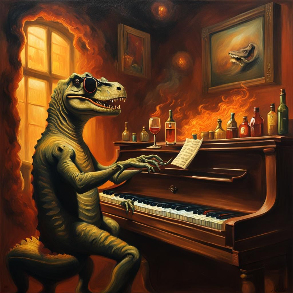 T-Rex Plays Piano: A Surrealist Oil Painting
