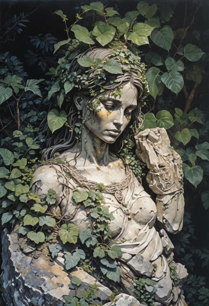 Renaissance Rock Woman Sculpture Veiled in Vegetation