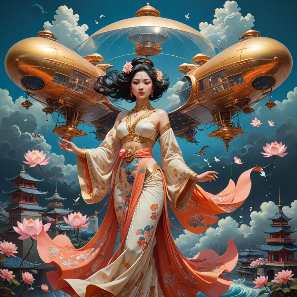 Goddess Descends Above Neon City in Digital Art Style