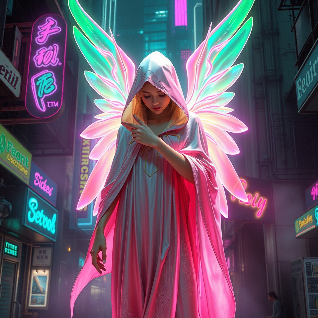 Neon Angel in Cyberpunk Cityscape