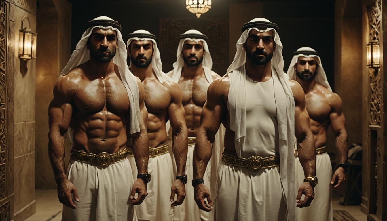 Muscular Bodybuilders in Emirates Headdress: Cinematic Still