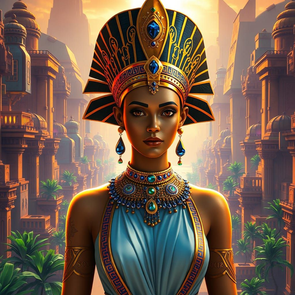Ancient Egyptian Queen Reigns Over Vibrant Fantasy City
