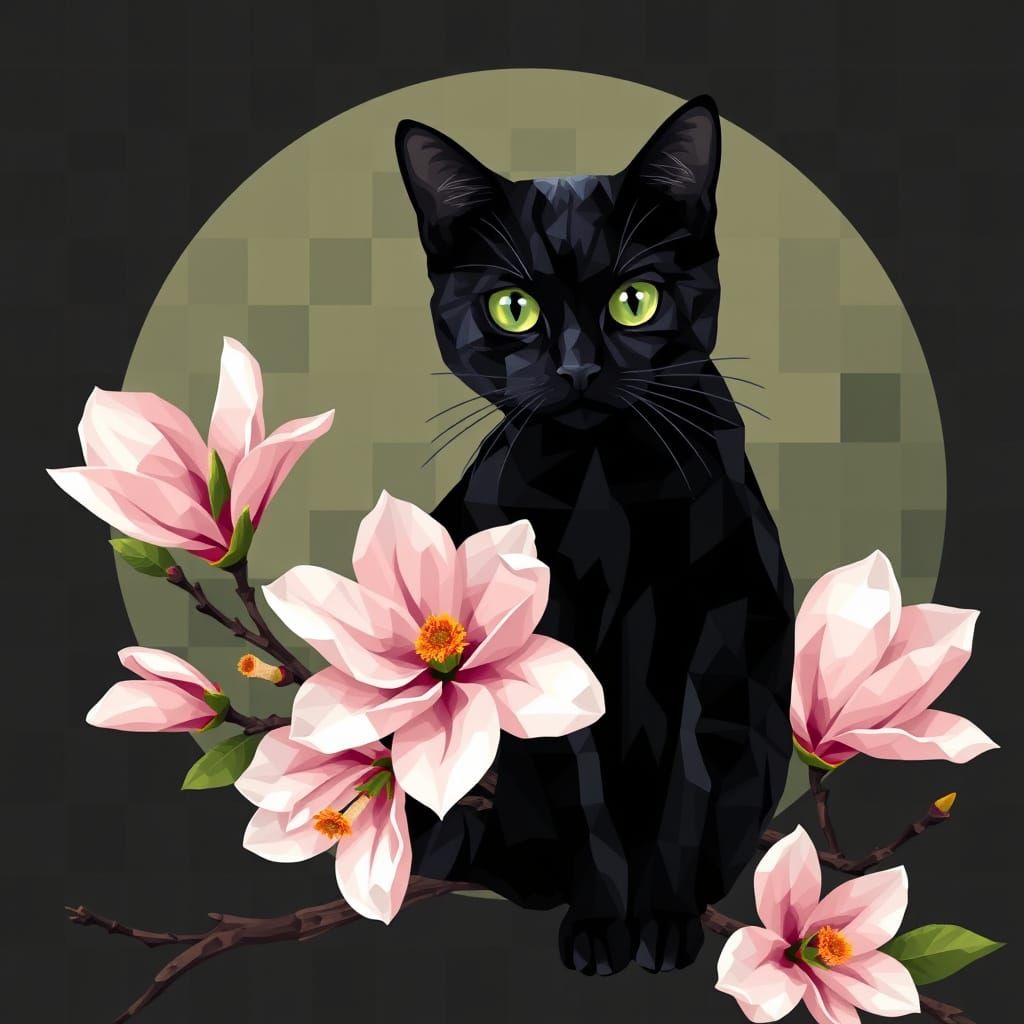Geometric Abstractionist Mosaic of a Black Cat on a Magnolia