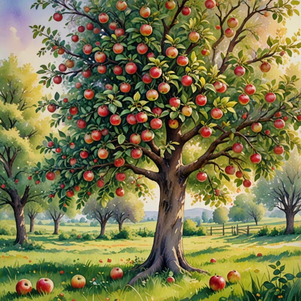 Lush Watercolor Orchard in Soft Hues