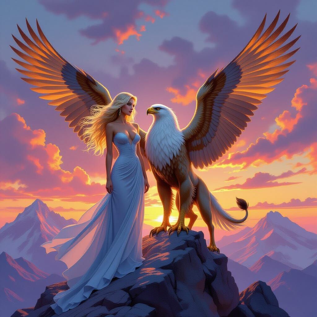 Woman and Griffin on Mountain Peak at Sunset