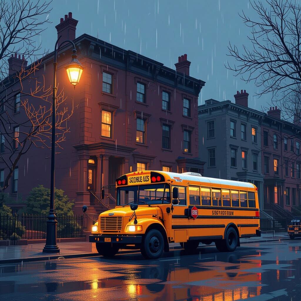 Anime School Bus on Rain-Soaked Street at Night