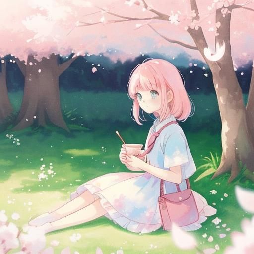 Anime Girl Under Cherry Tree in Watercolor Style