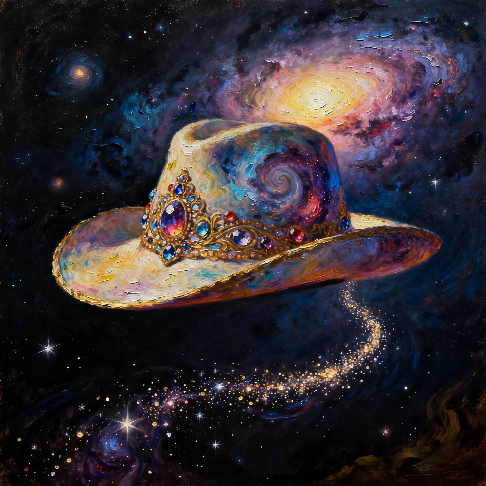 Bejeweled Cosmic Hat Floating in Deep Space