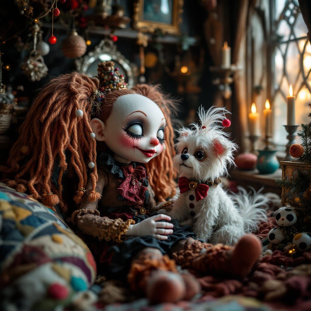 Surreal Patchwork Doll and Puppy in Victorian Style
