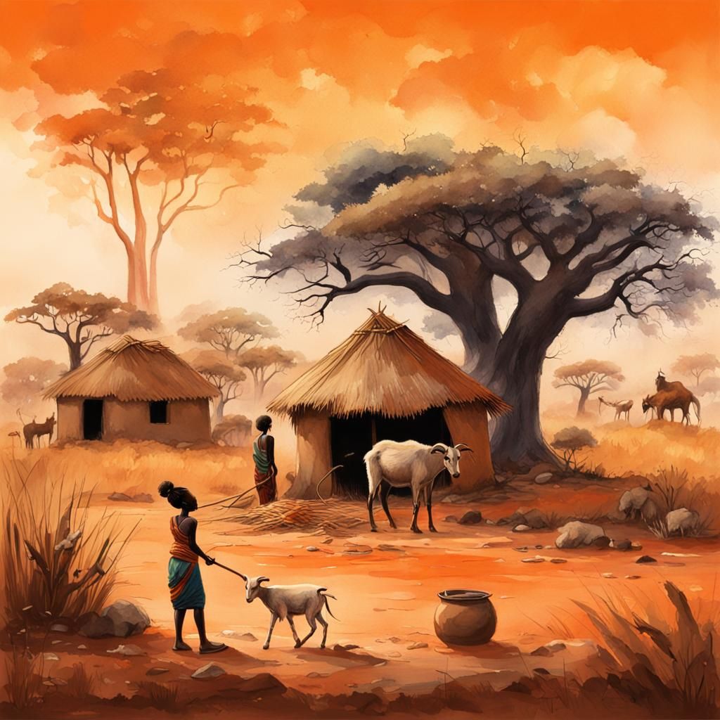 African Landscape Watercolor Painting with Baobabs