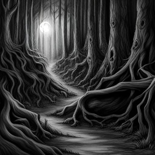 Eldritch Haunted Forest Charcoal Drawing
