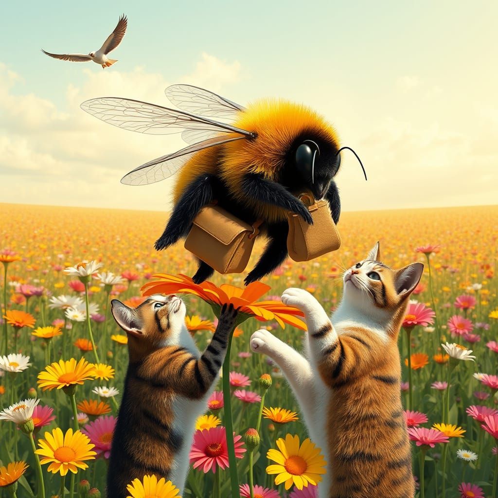 Oversized Bumblebee in Cartoonish Peril Amidst Vibrant Flowe...