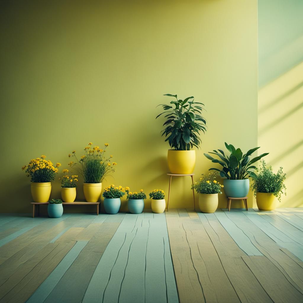 Bright Yellow Wall with Flower Pots and Cushions