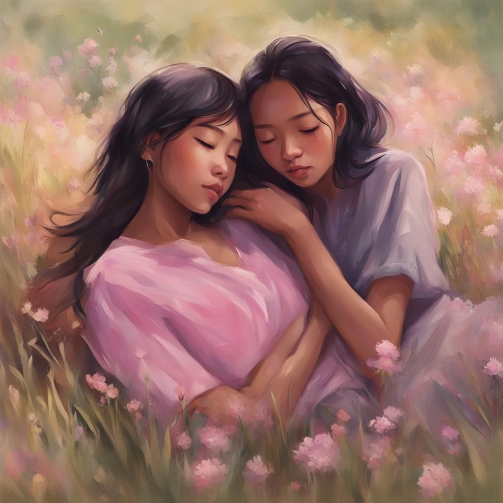 Girlfriends Hugging in Meadow: Digital Painting