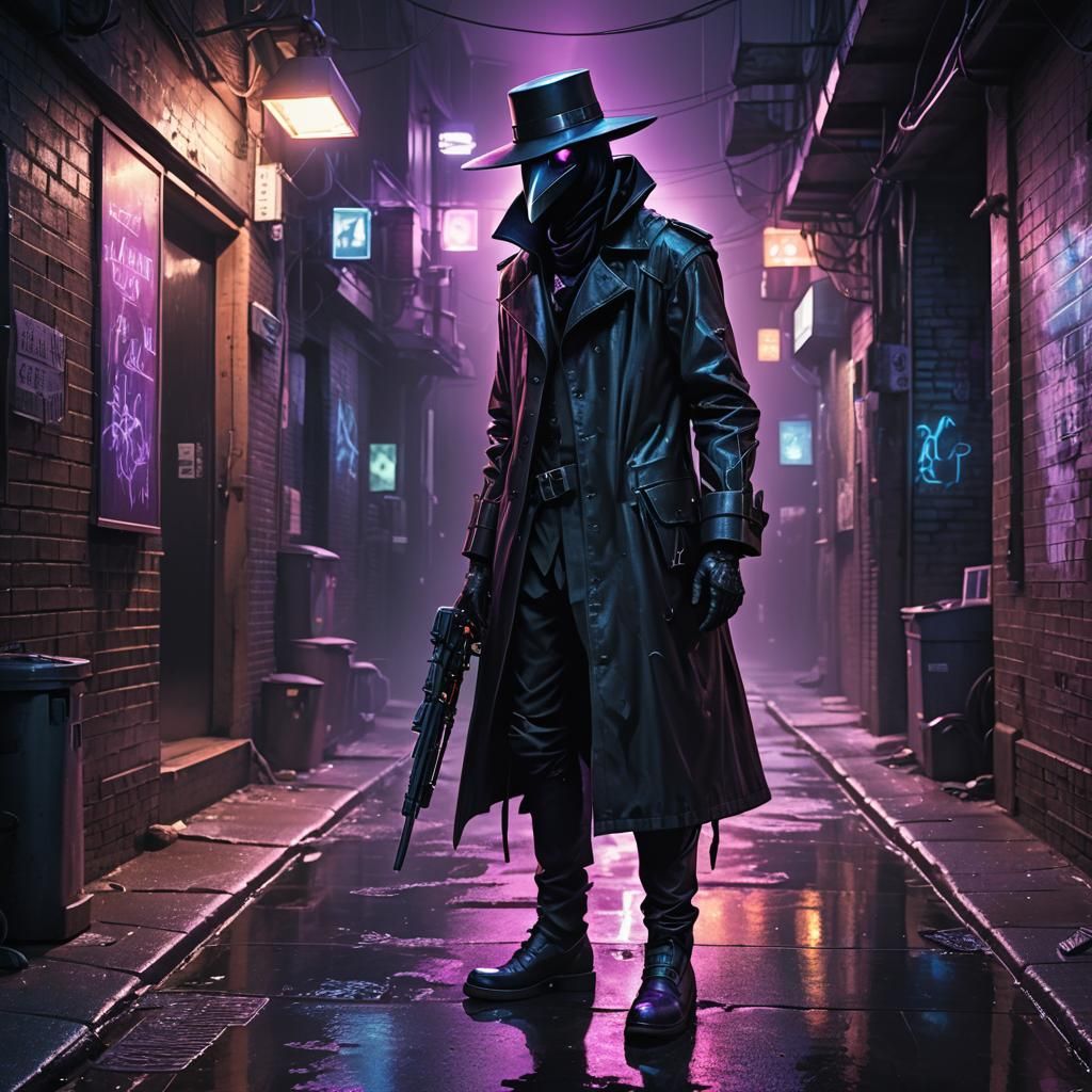 Futuristic Plague Doctor in Cyberpunk Alleyway