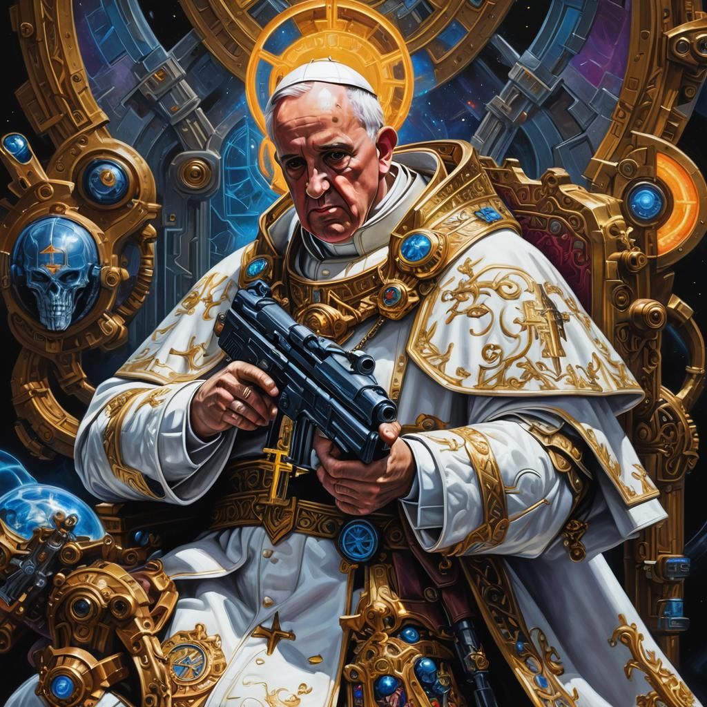 Pope with Gun in Futuristic Setting as Oil Painting