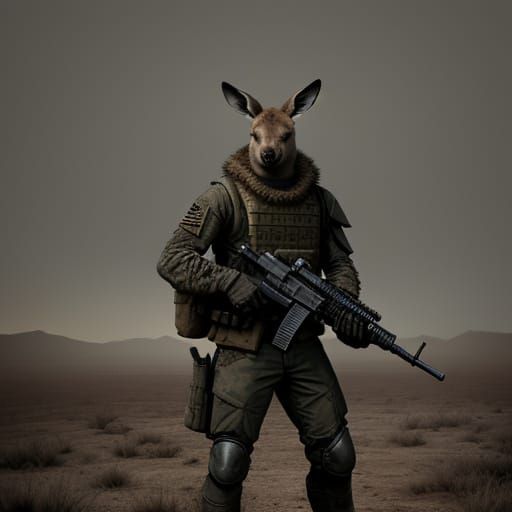 War-Torn Kangaroo Soldier in Gritty Sunset Landscape