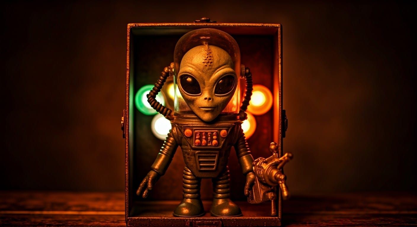 Retro-Futuristic Mars Attacks Alien in Steam-Punk Toy Box, C...