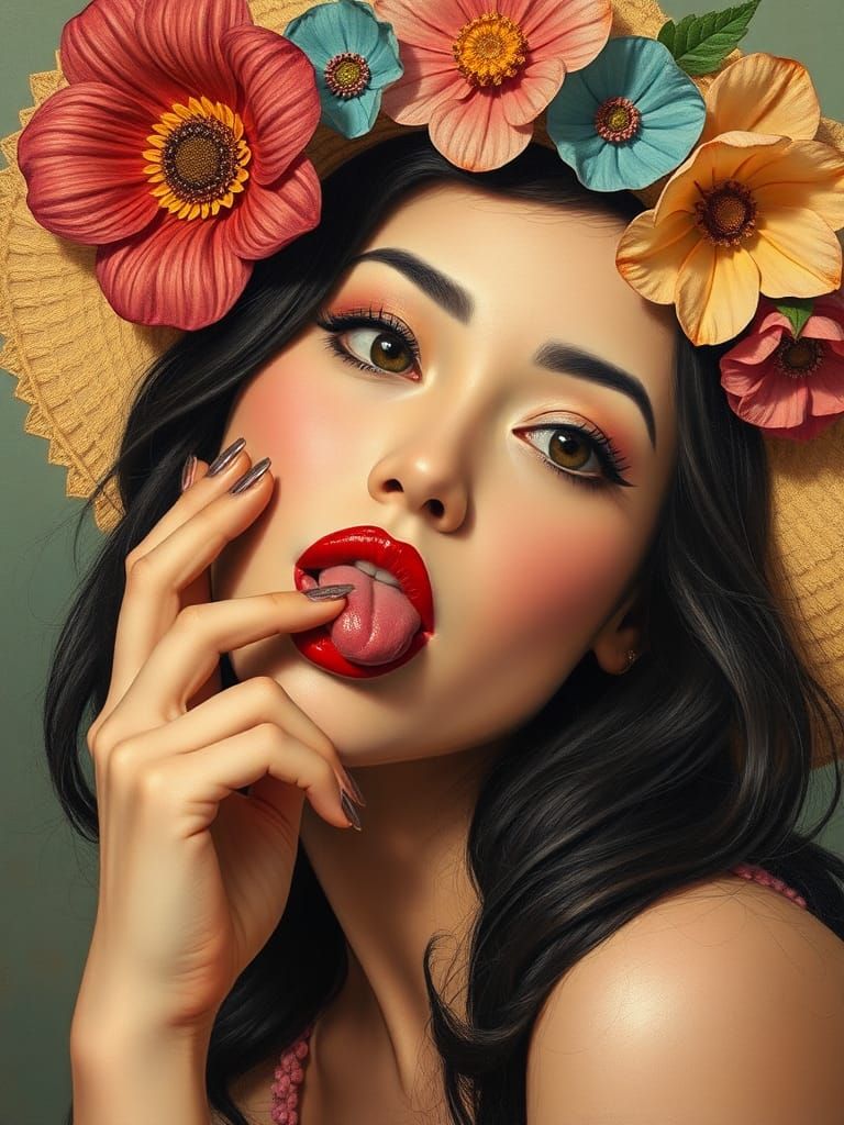 Portrait of playful Hedy Lamarr in flower hat with tongue out by Audrey Kawasaki, hyperdetailed oil painting