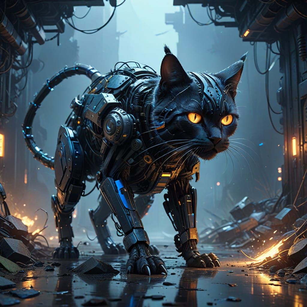 Cyberpunk Cat Crawls Forward with Metallic Implants and Vibr...